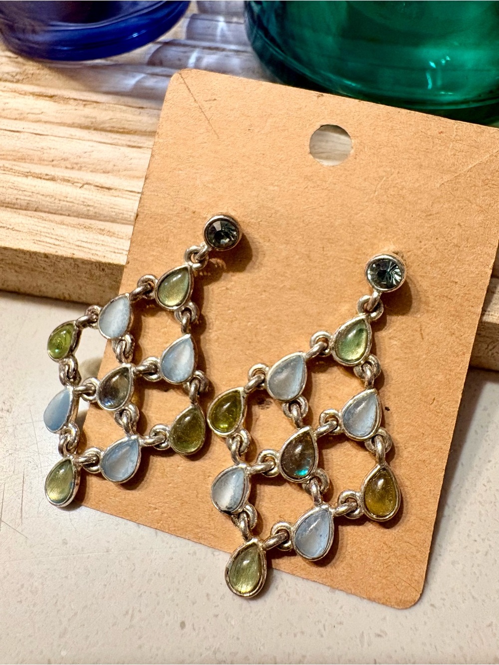 Delicate chandelier dangle earrings in blue and green